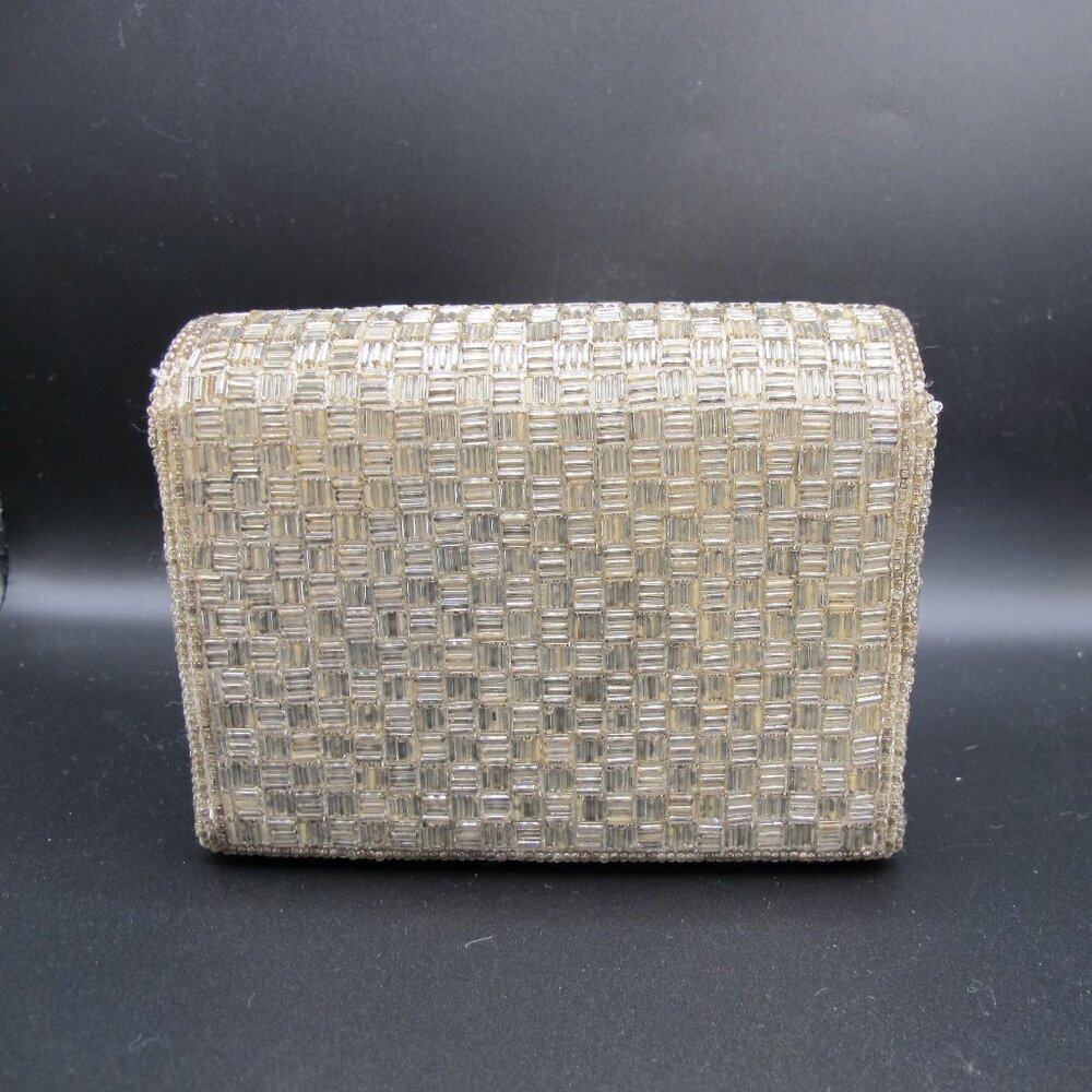 Rectangular Silver Beaded Clutch With Bead Tassel… - image 3